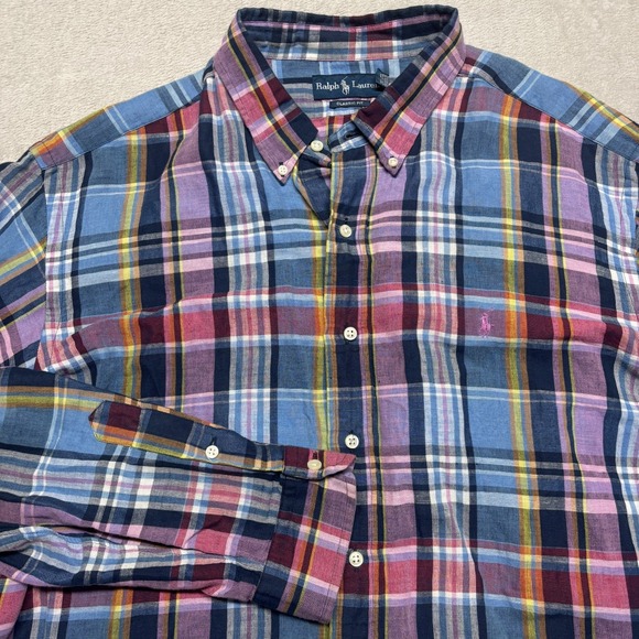 Ralph Lauren Shirt Mens 2XL Plaid Linen Blend Button Up Long Sleeve Classic Fit - Picture 1 of 9